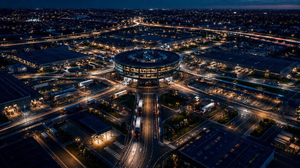Centro de coordenação simbolizando a governança da Inteligência Artificial em uma organização.