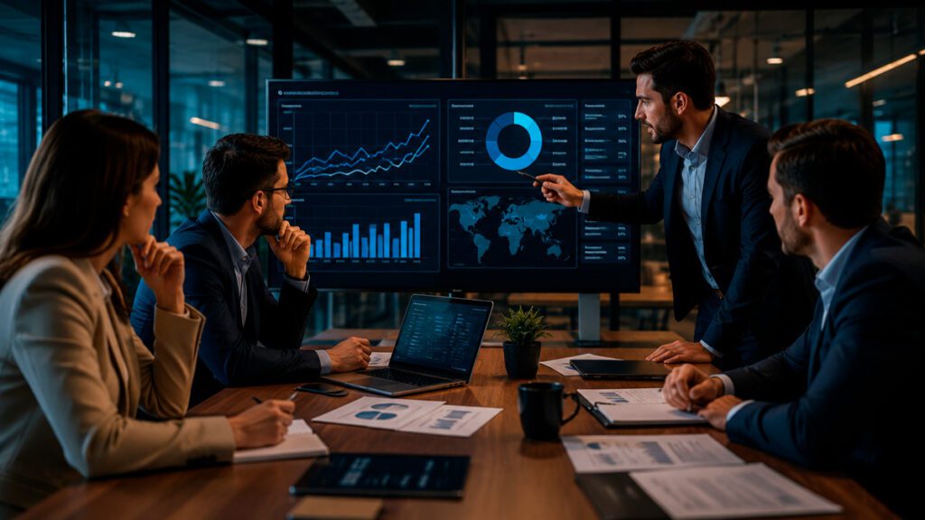 Executivos analisando a adoção de Inteligência Artificial e a maturidade organizacional da empresa.