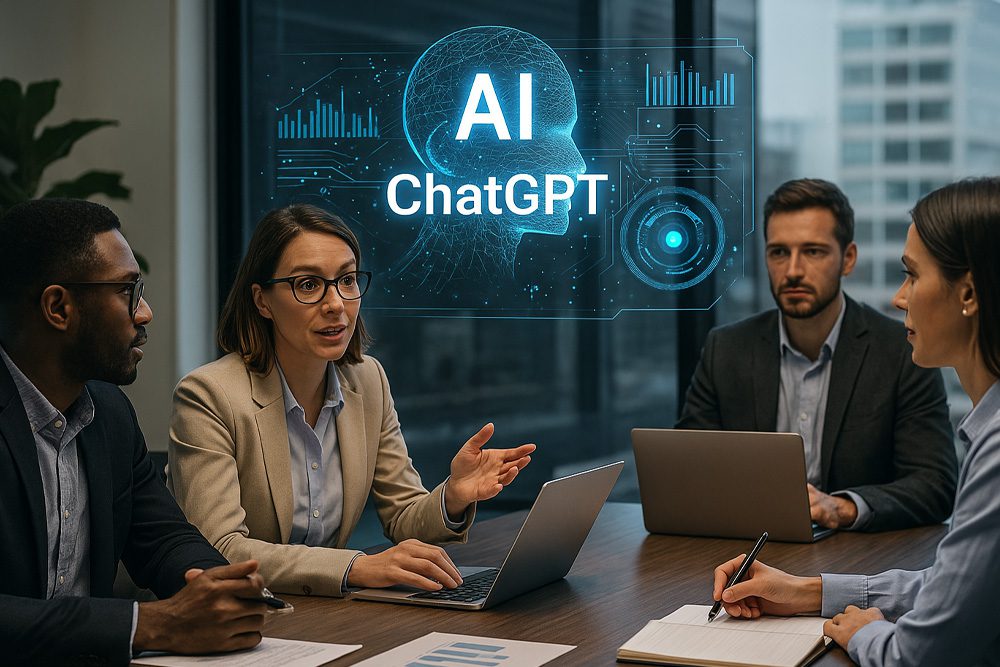 Imagem realista de reunião de trabalho com tecnologia e ChatGPT ajudando na organização e produtividade – BRIA Tech