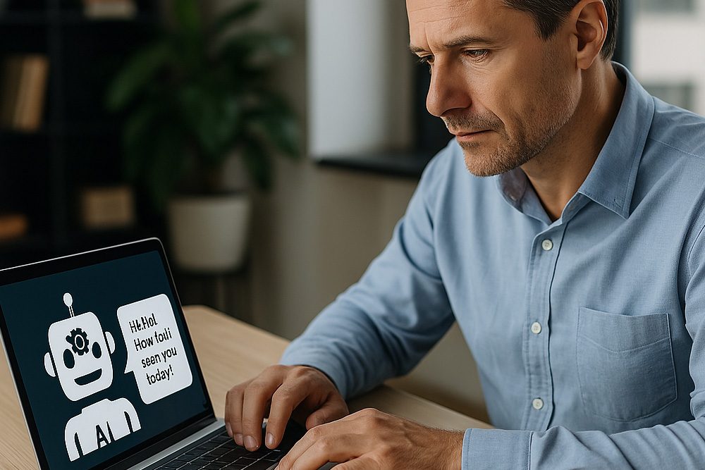 Profissional da indústria usando assistente no ChatGPT para consultar procedimentos e POPs no computador