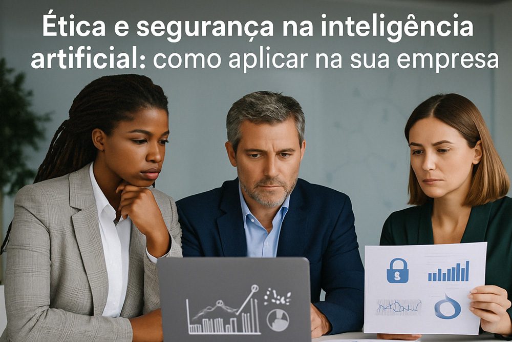 Profissionais em uma empresa avaliando dados e riscos relacionados à inteligência artificial