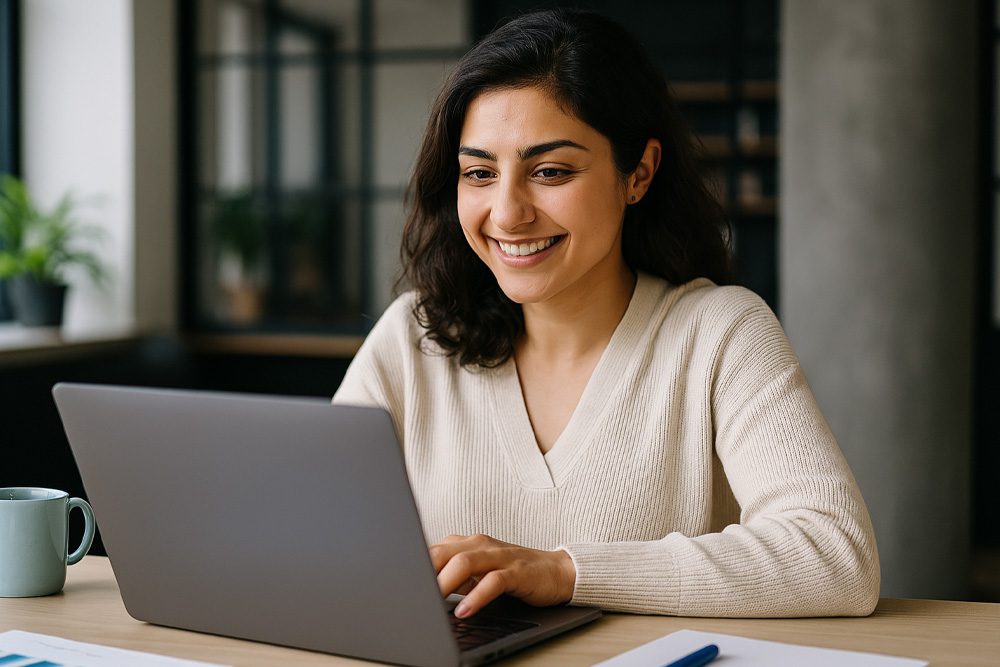 Mulher usando notebook em ambiente corporativo com elementos de inteligência artificial ao fundo