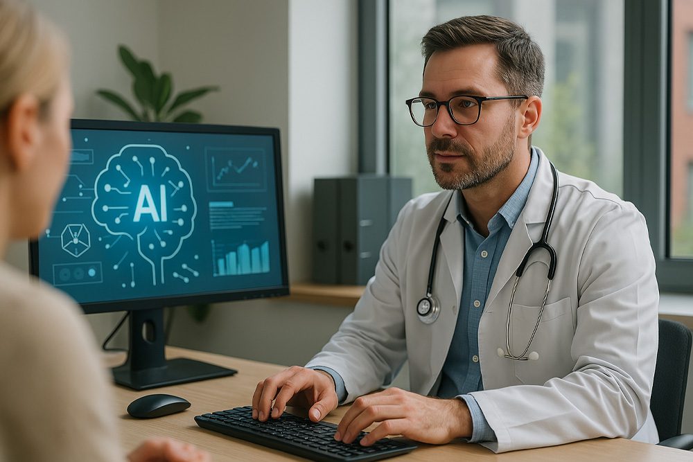 Imagem realista de profissional da saúde usando inteligência artificial no atendimento de pacientes em consultório moderno – BRIA Tech