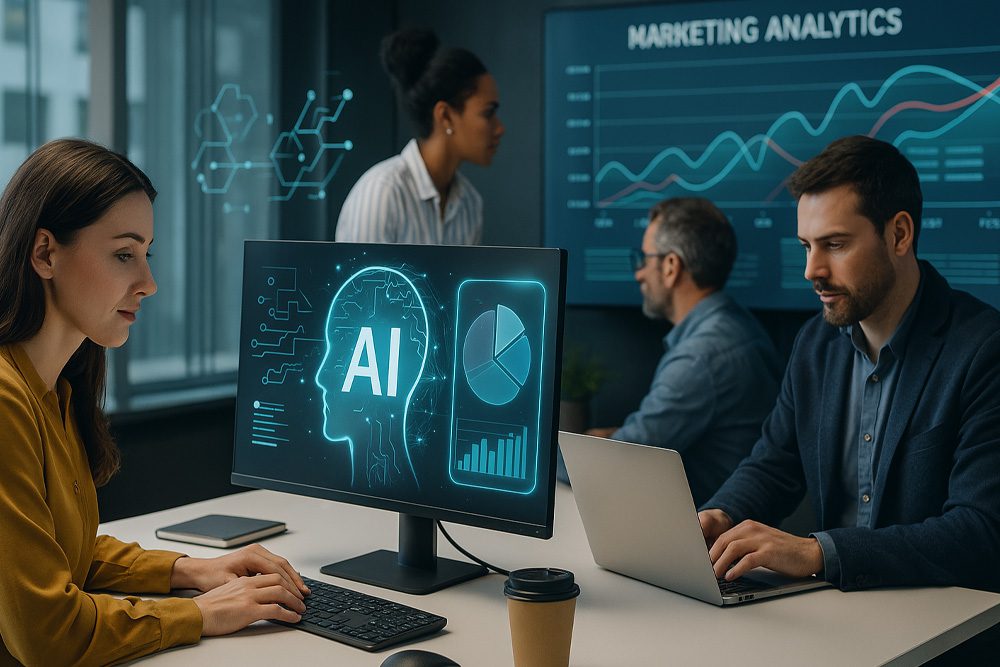 Imagem realista de profissionais de marketing usando inteligência artificial em computadores e painéis digitais – BRIA Tech