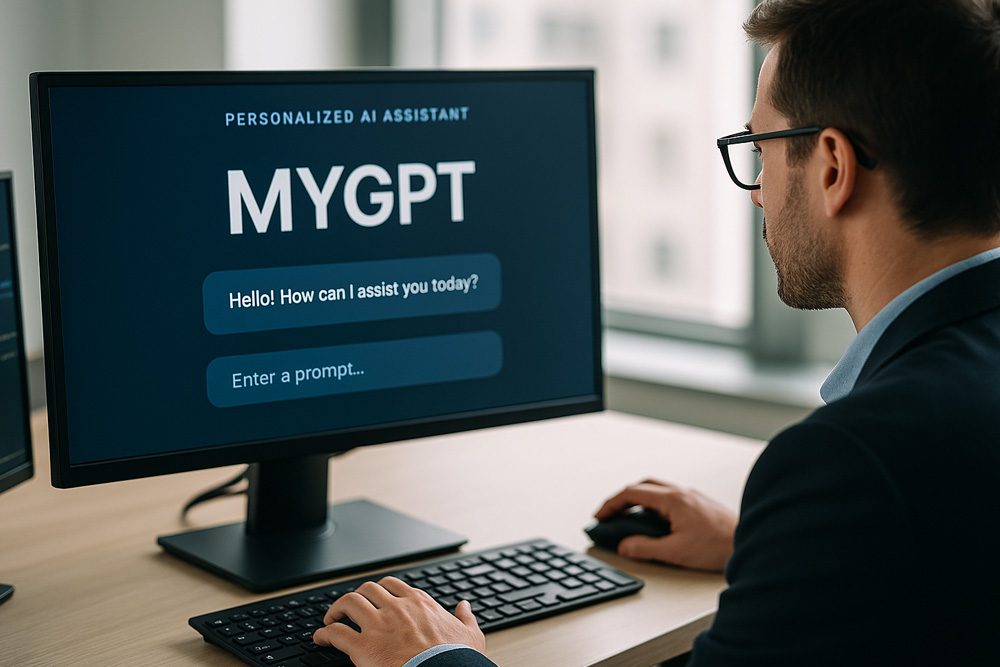 Imagem realista de assistente de IA personalizado com tela digital e profissional usando inteligência artificial – BRIA Tech