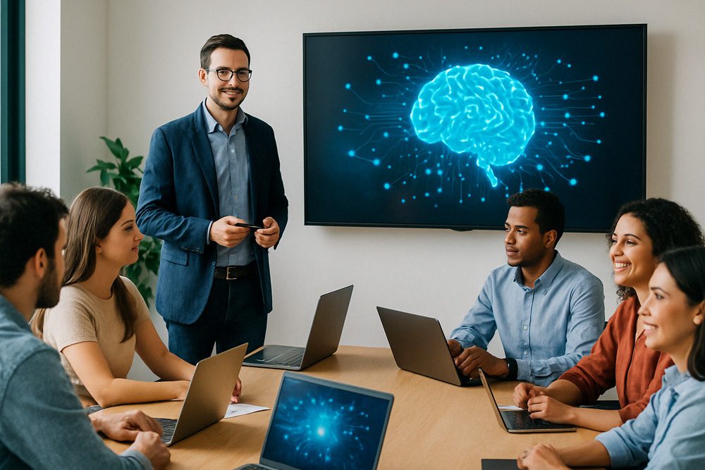 Equipe em sala de reunião usando laptops com tecnologia de inteligência artificial