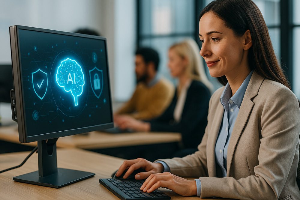 Imagem realista de profissional usando inteligência artificial com foco em ética, responsabilidade e segurança – BRIA Tech
