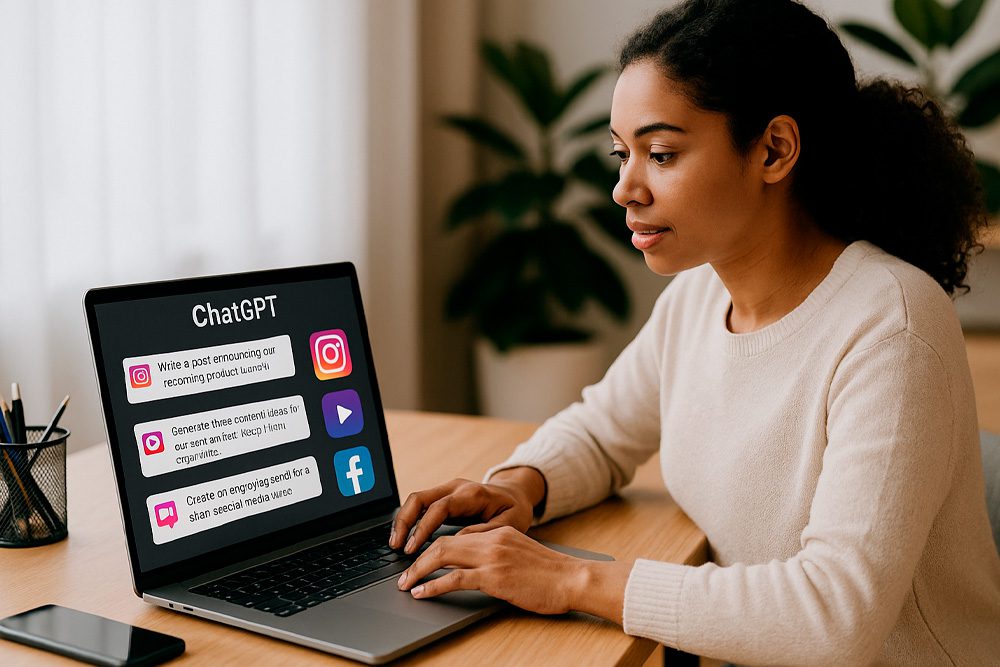 Pessoa criando conteúdo com ChatGPT para redes sociais em laptop