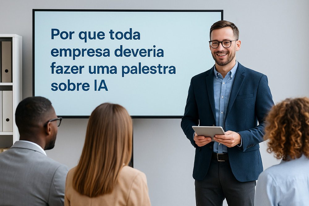 Palestrante falando sobre inteligência artificial para uma equipe em uma empresa