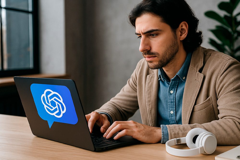 Profissional escrevendo prompts no ChatGPT para trabalho e negócios