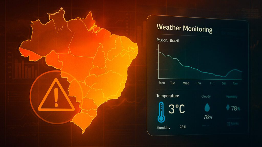 Mapa do Brasil com regiões destacadas por alerta de frio intenso, sobreposto por gráficos e interface digital de previsão do tempo