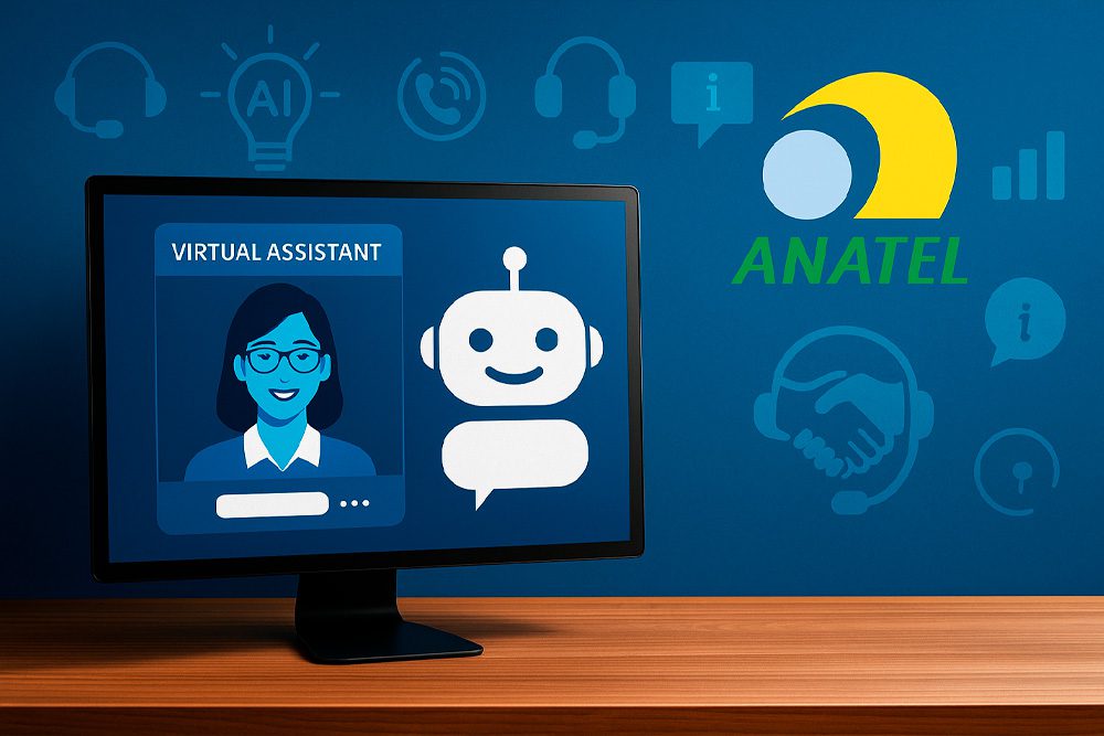 Atendente virtual em tela de computador representando IA, com ícones de chatbot e símbolo da Anatel ao fundo