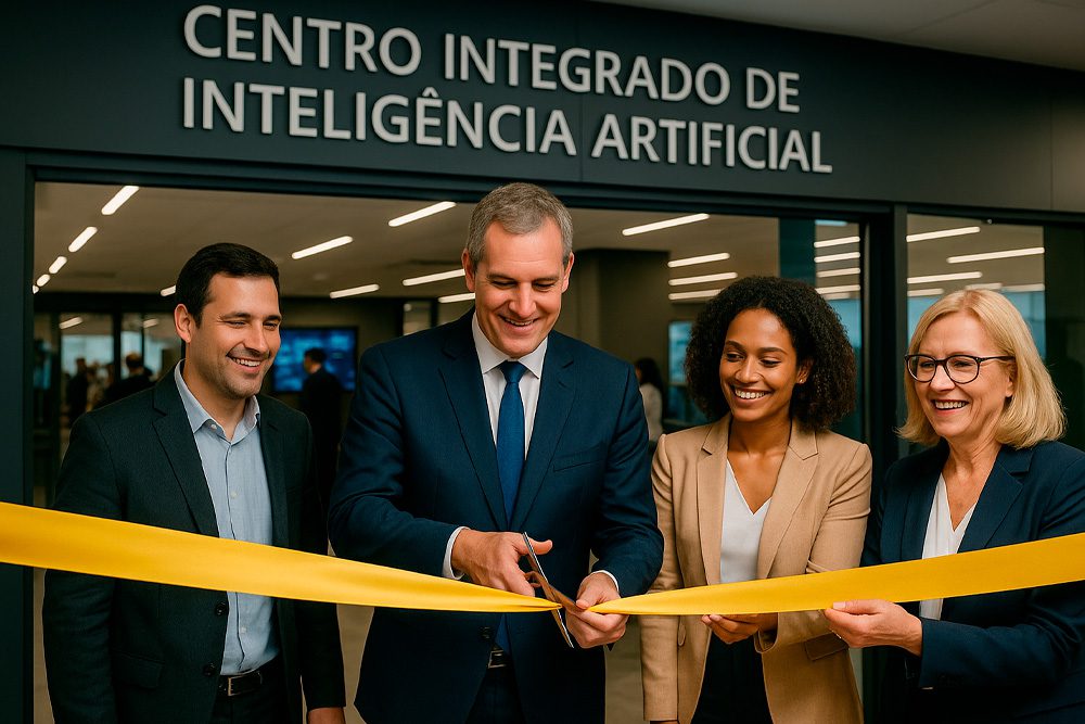 Autoridades cortam faixa na inauguração do Centro Integrado de Inteligência Artificial no Distrito Federal, com fachada moderna ao fundo