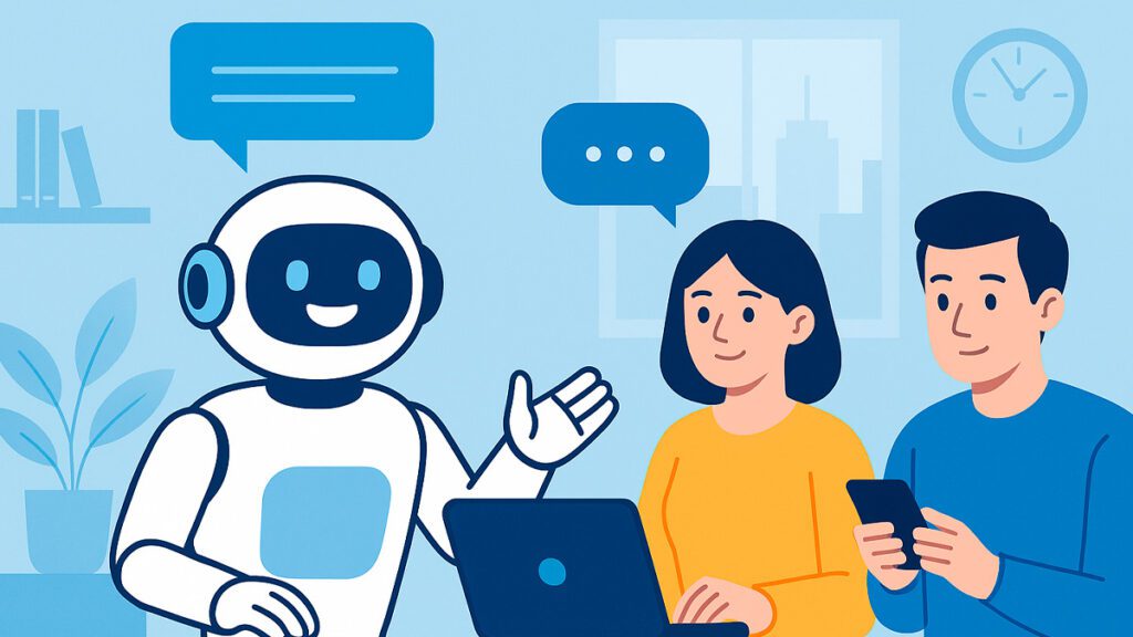 Ilustração de um chatbot inteligente atendendo usuários em uma empresa