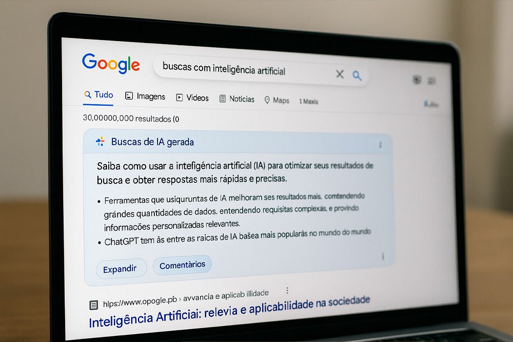 Interface do Google mostrando buscas com inteligência artificial ativadas no Brasil, com destaque para resultados gerados por IA