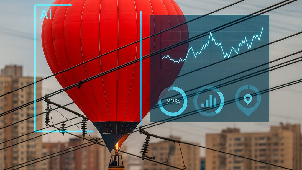 Balão não tripulado próximo a fios de alta tensão em área urbana, com sobreposição de dados de monitoramento por IA