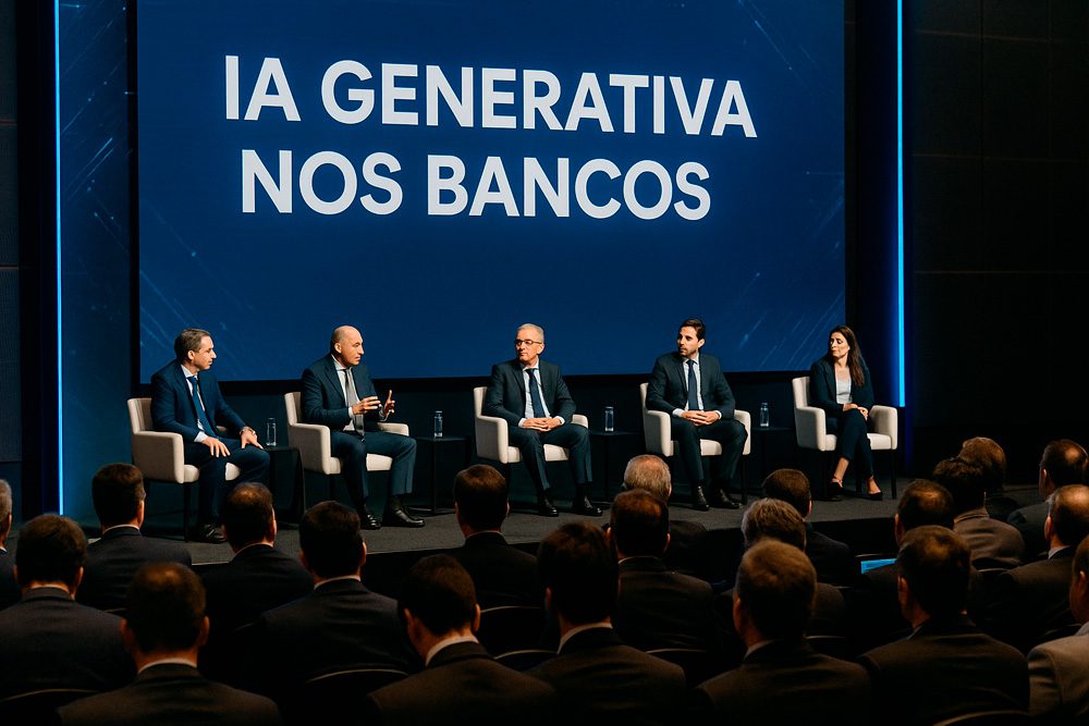 Painel de discussão sobre IA generativa no setor bancário durante a Febraban Tech 2025, com executivos em auditório corporativo