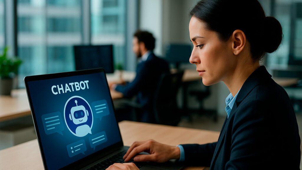 Profissional usando interface de chatbot com inteligência artificial em ambiente corporativo moderno