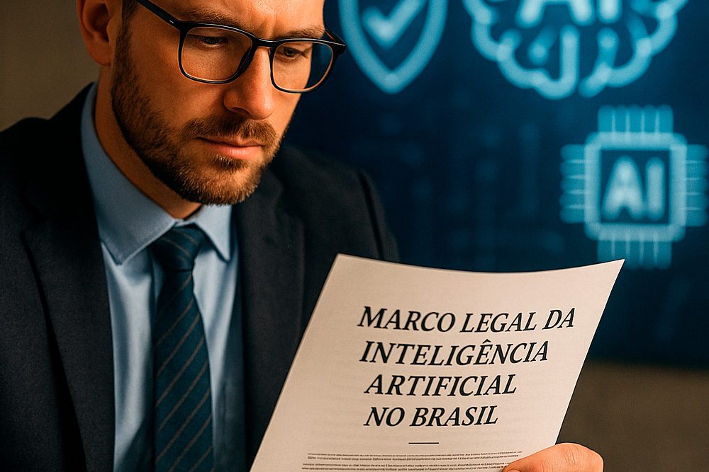 Homem analisando documento jurídico com ícones de inteligência artificial ao fundo, representando a regulação da IA no Brasil