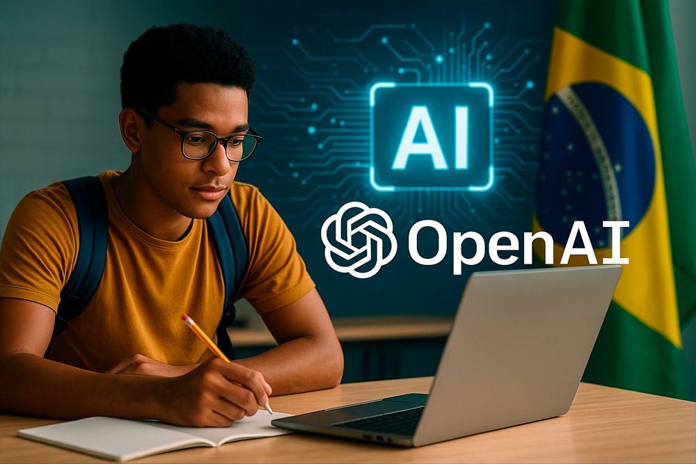 Imagem conceitual de estudante brasileiro aprendendo com inteligência artificial, com logotipo da OpenAI e bandeira do Brasil ao fundo