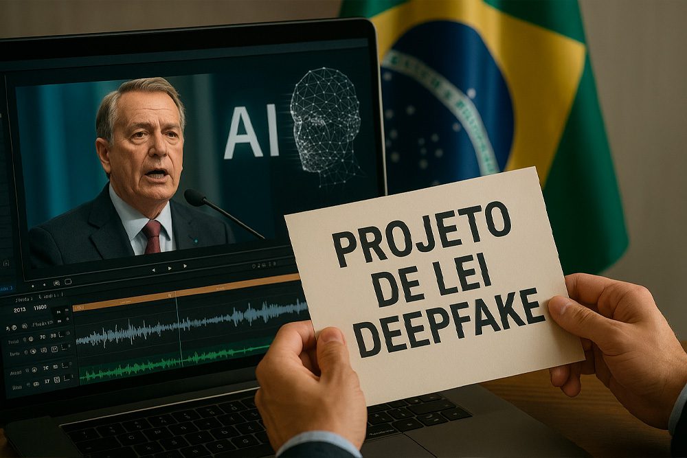 Montagem digital simulando manipulação de vídeo político com tecnologia de deepfake, destacando o impacto da IA na comunicação