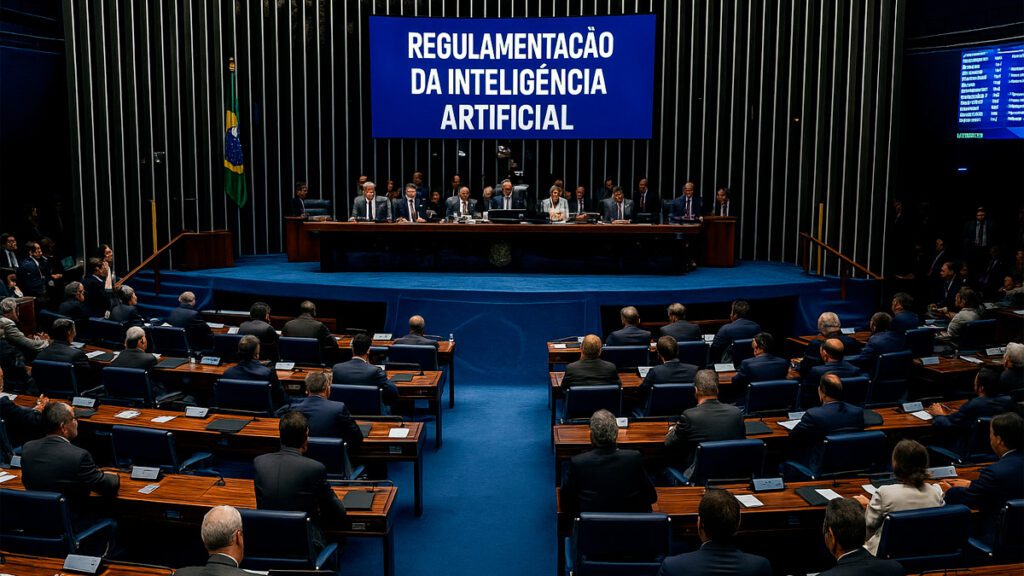 Plenário do Senado Federal com parlamentares reunidos para votação de projeto sobre inteligência artificial