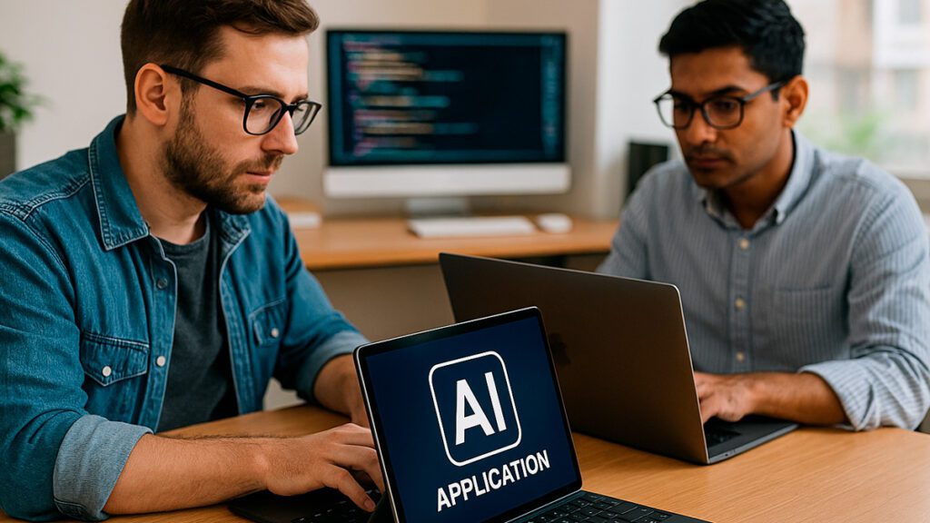 Dois desenvolvedores trabalham em laptops no desenvolvimento rápido de um aplicativo com inteligência artificial