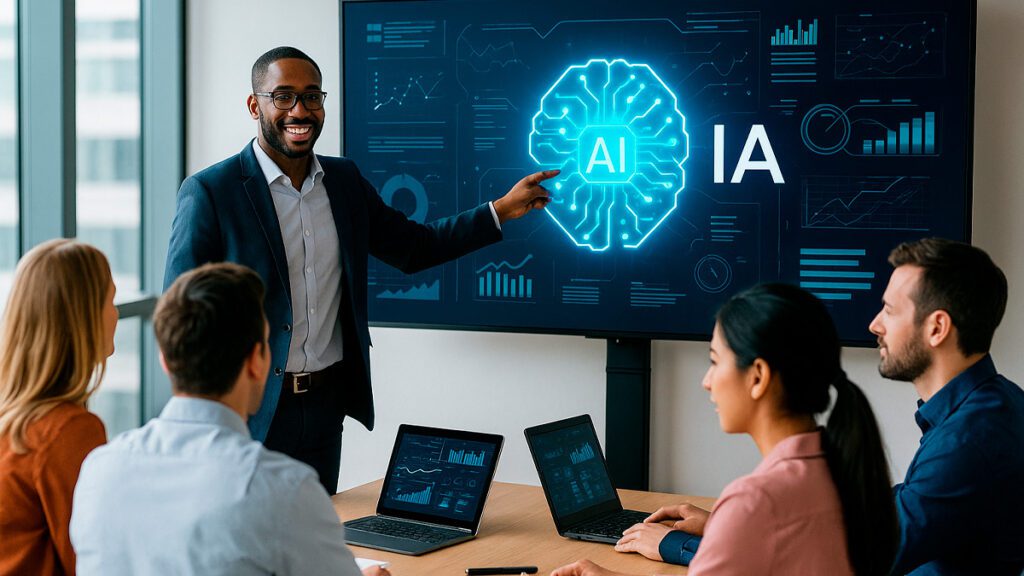 Profissionais em sala de treinamento interagindo com sistema de inteligência artificial em ambiente corporativo