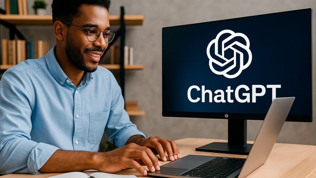 Jovem profissional escrevendo em um laptop, gerando textos com inteligência artificial para otimizar o SEO de um site