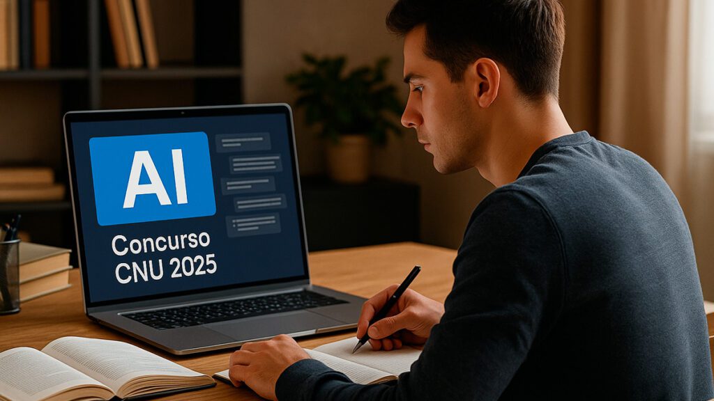 Candidato estudando com ajuda da inteligência artificial para o concurso CNU 2025