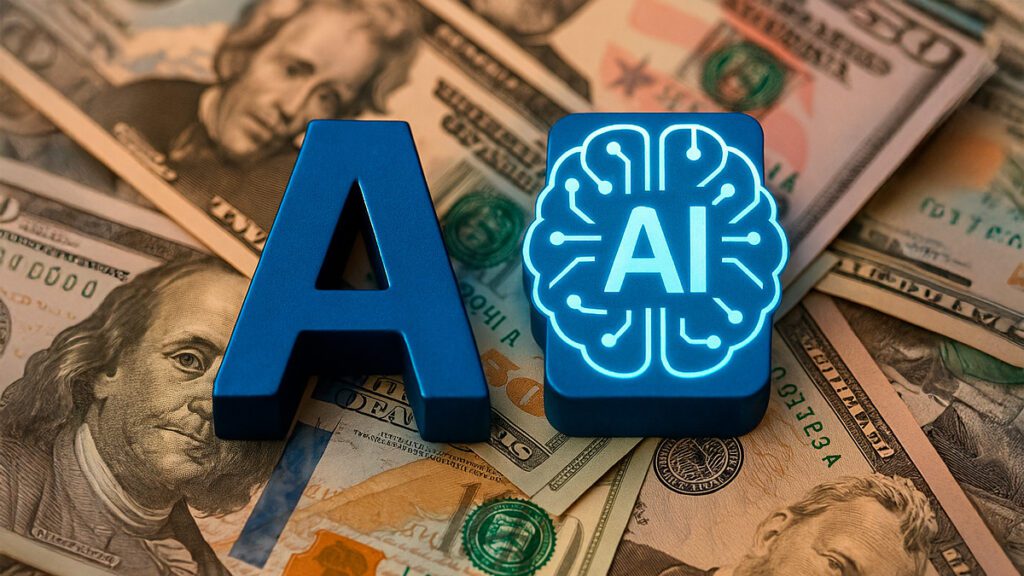 Imagem representando o crescimento do mercado de inteligência artificial na América Latina, com notas de dinheiro ao fundo e o logotipo de IA em destaque