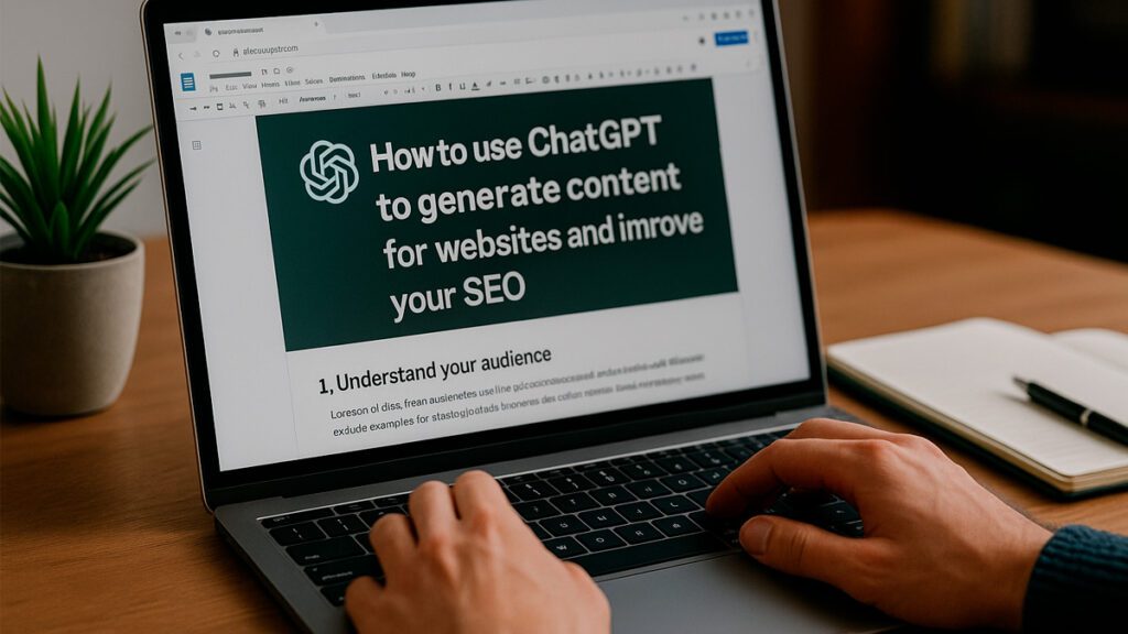 Profissional criando conteúdo com ajuda do ChatGPT em um notebook moderno.