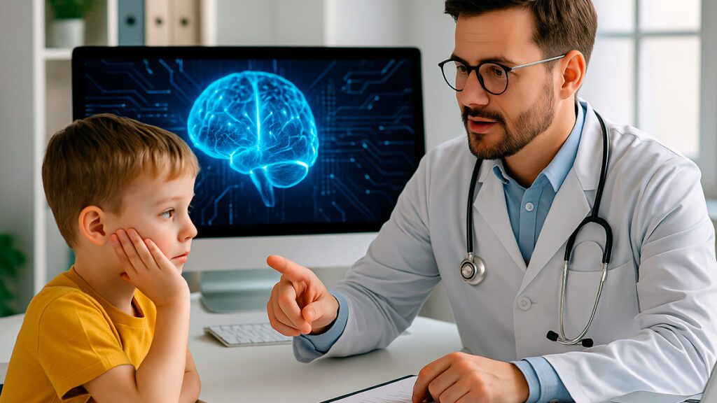 Médico analisando exames em uma tela com auxílio de tecnologia de inteligência artificial para diagnóstico de autismo e TDAH