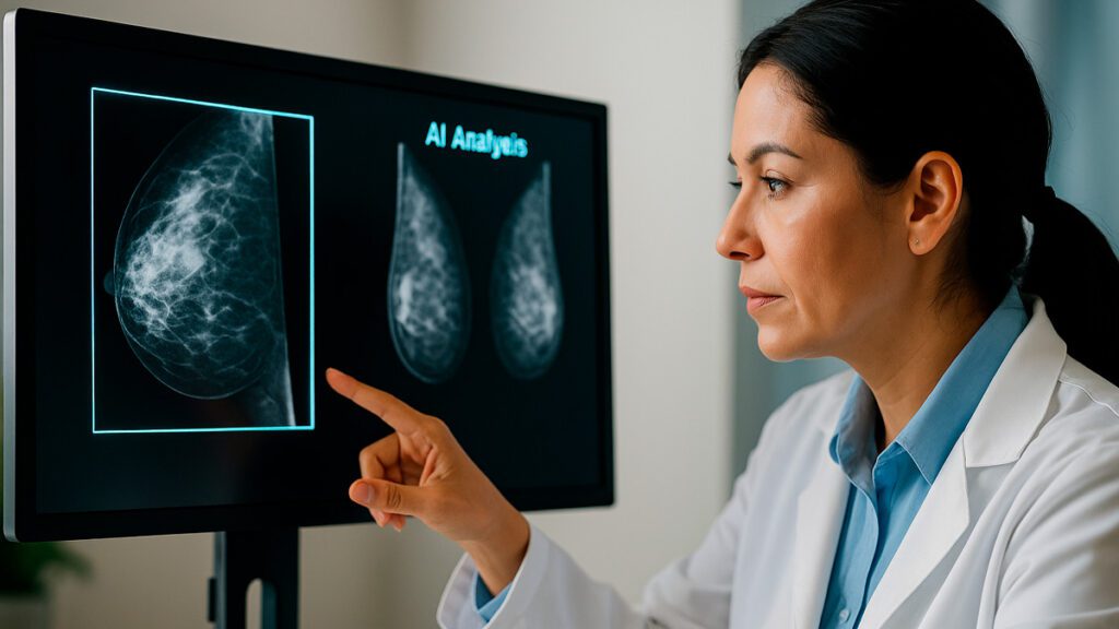 Médica analisando mamografia com apoio de inteligência artificial