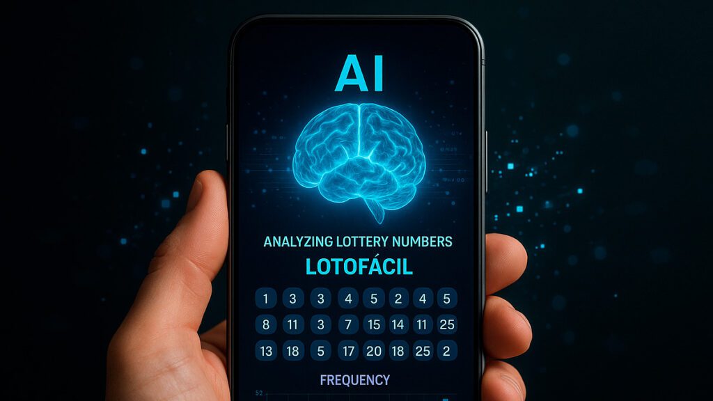 Representação realista de um smartphone mostrando uma interface de inteligência artificial analisando números da Lotofácil, com gráficos de frequência e dados estatísticos ao redor.