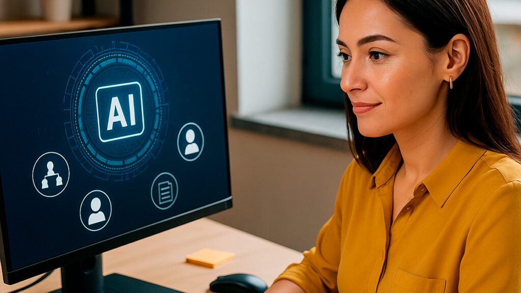 Profissional de RH em escritório usando inteligência artificial para análise de candidatos