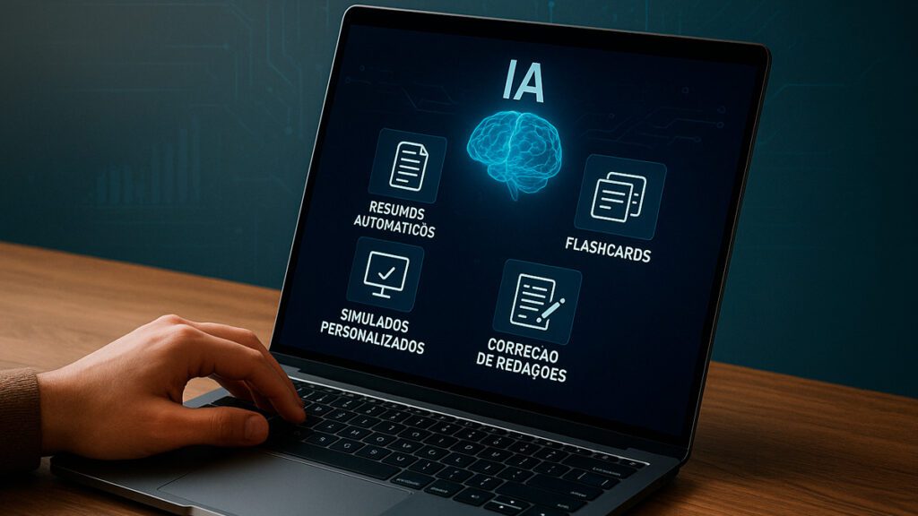 Pessoa estudando com notebook enquanto usa inteligência artificial para gerar resumos, simulados e correção de redações para concursos públicos