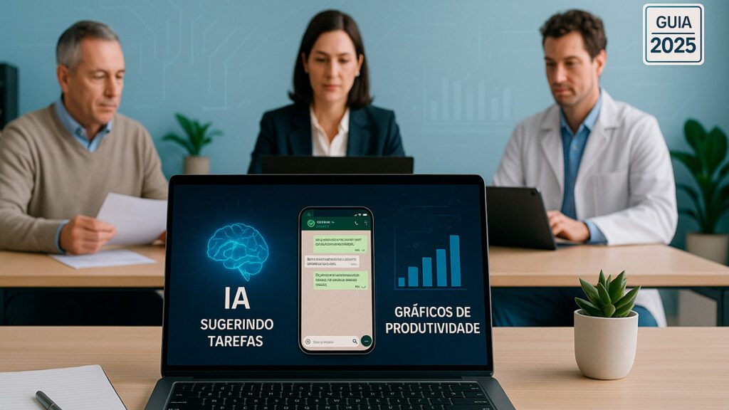 Profissionais liberais e pequena empresa usando inteligência artificial no dia a dia: contador, advogado e dentista com notebook, chatbot no WhatsApp e gráficos de produtividade