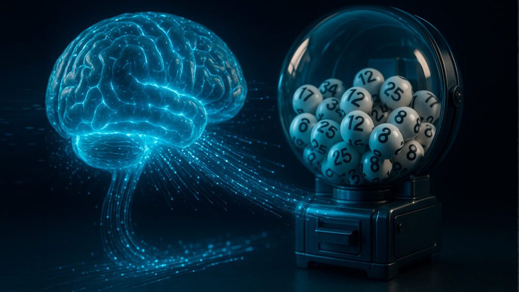 Representação artística de uma inteligência artificial analisando números da Mega Sena, com um cérebro digital conectado a um globo de sorteio, fundo escuro e elementos tecnológicos.