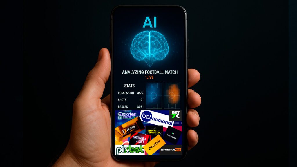 Representação realista de um smartphone mostrando uma interface de inteligência artificial analisando um jogo de futebol entre Fluminense e Chelsea, com estatísticas, heatmaps e probabilidades de resultado.