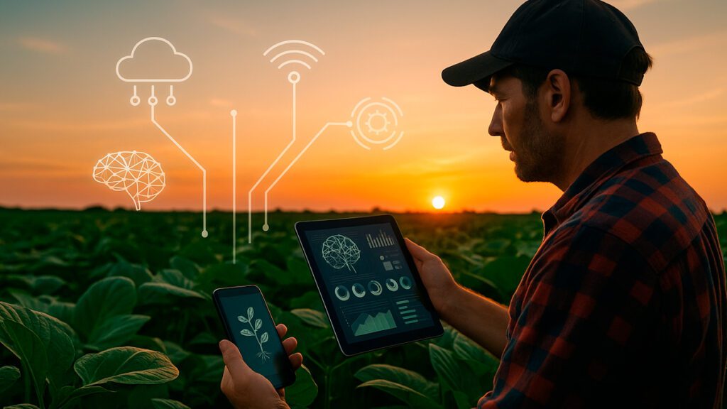 Agricultor usando tecnologias de inteligência artificial no campo ao entardecer