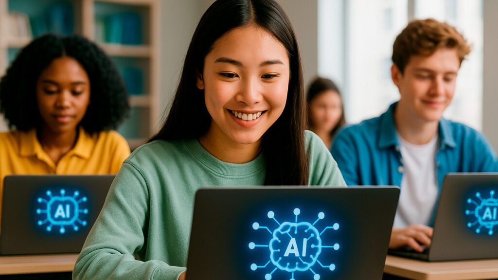 Jovens estudantes em sala de aula com computadores, utilizando ferramentas de inteligência artificial para aprendizado