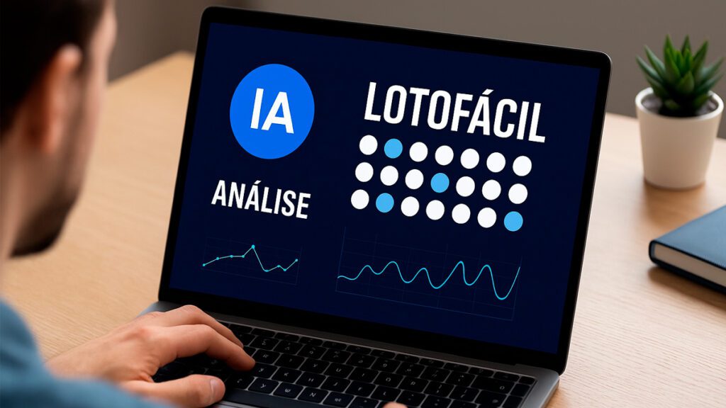 Pessoa usando inteligência artificial para analisar padrões da Lotofácil no computador