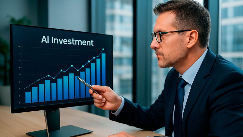 Executivo analisando gráfico de investimento em IA em escritório moderno com tela de computador exibindo crescimento de barras azuis.