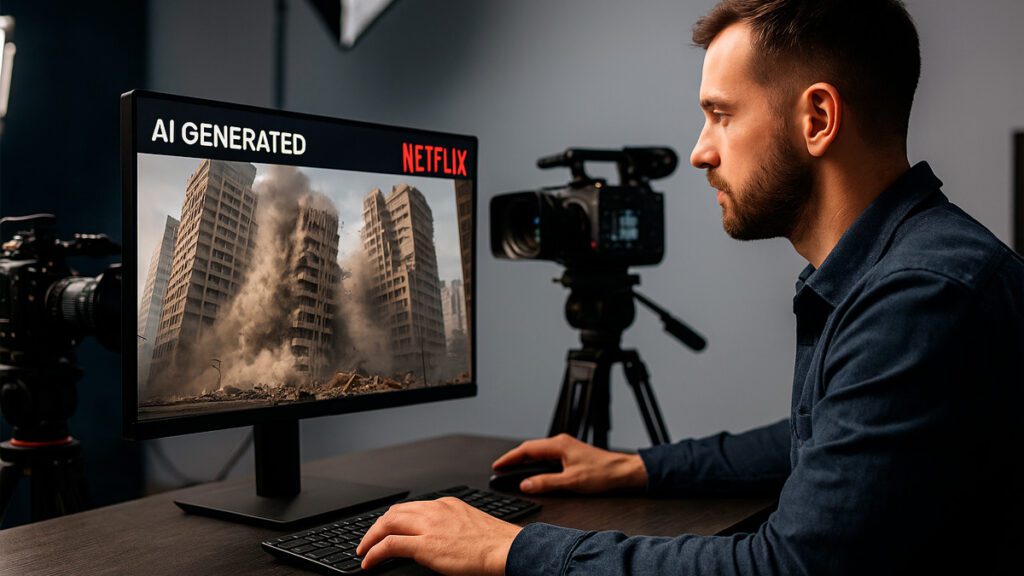 Homem em estúdio de produção analisando cena gerada por inteligência artificial para série da Netflix