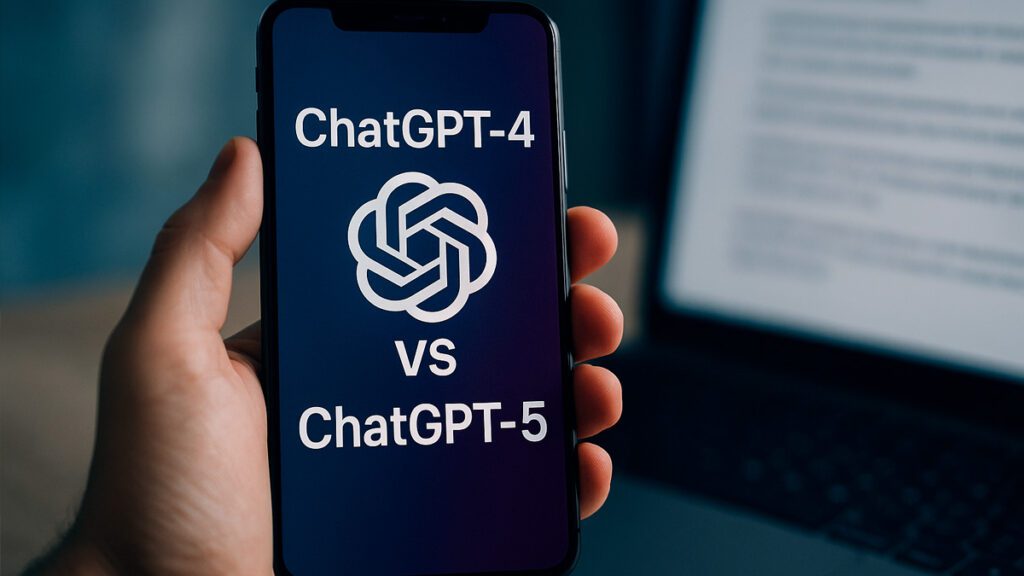 Comparação visual entre ChatGPT 4 e ChatGPT 5 com elementos de inteligência artificial