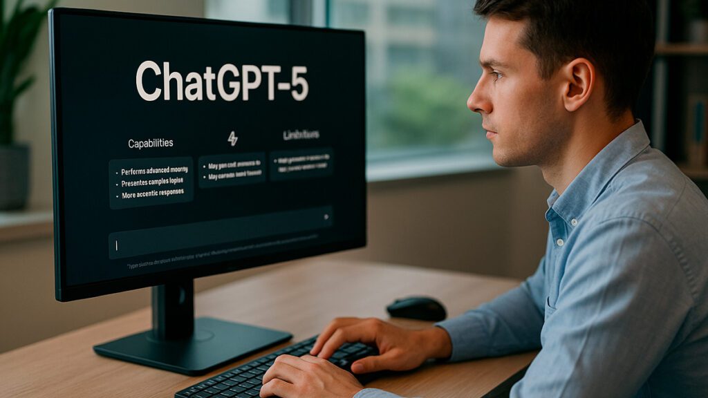 Homem utilizando computador com interface do ChatGPT 5 exibida na tela, representando inovação em inteligência artificial.