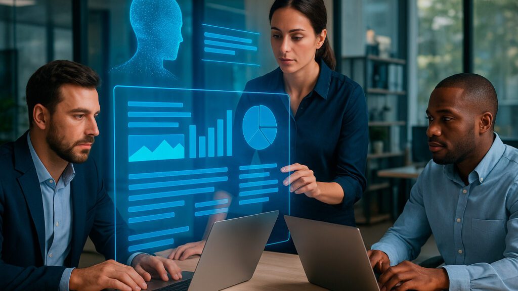 Representação visual de IA generativa aplicada em empresas com dashboards e automação de processos
