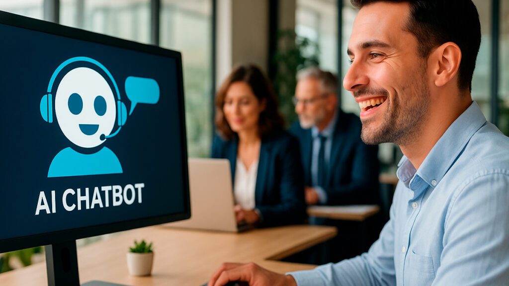 Cliente satisfeito sendo atendido por chatbot com IA em empresa moderna