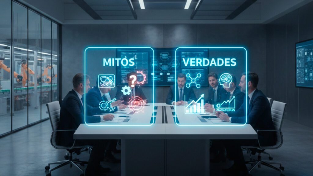ROI da inteligência artificial sendo calculado em empresa com dashboards e consultores analisando métricas